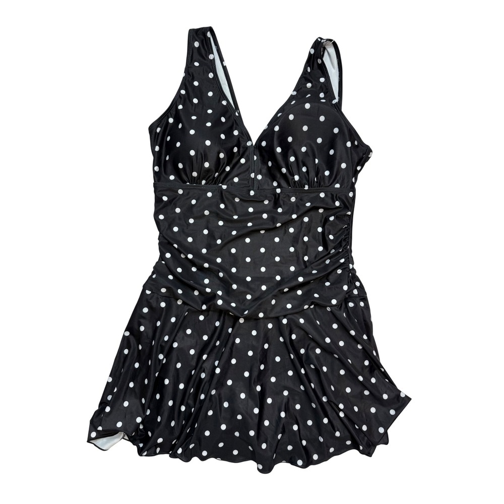 Summer Mae Polka Dot Swim Dress One Piece Swimsuit Black White XXL New